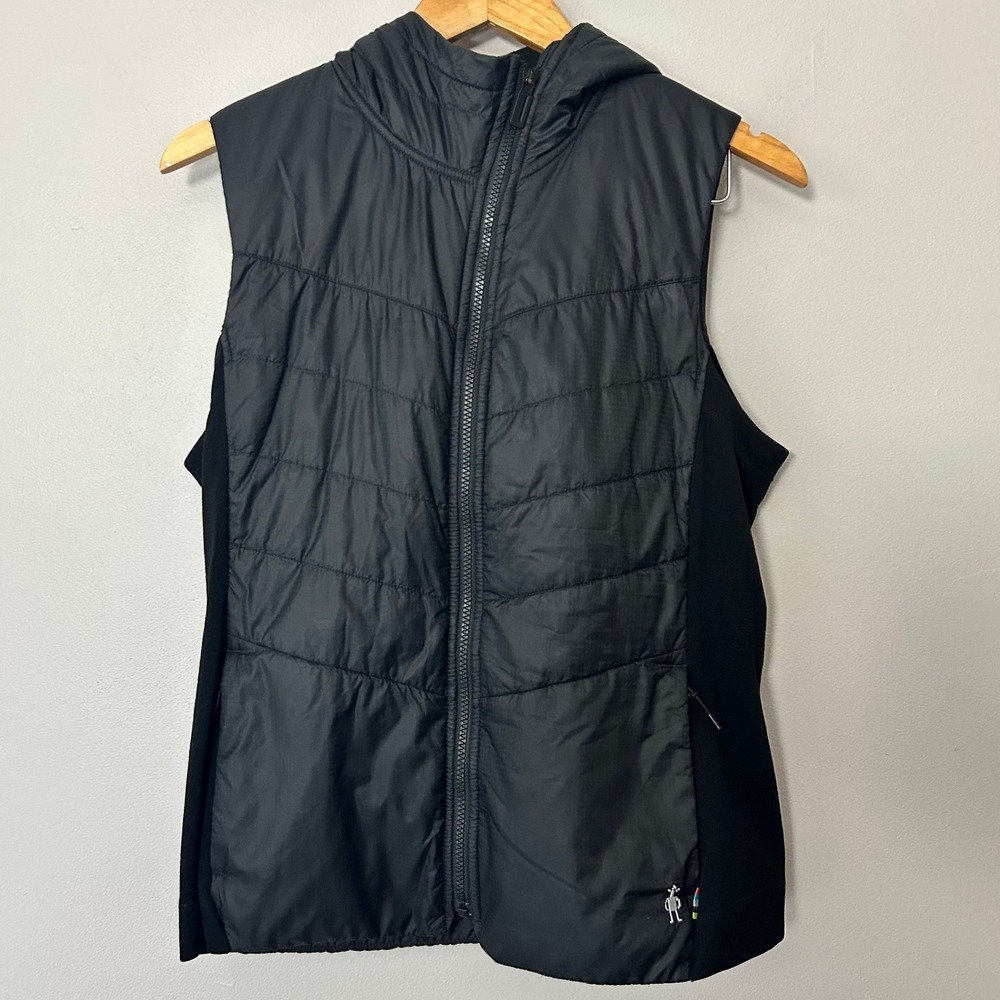 Smartwool Hooded Puffer Vest Women L Black Merino Wool Blend Quilted Full Zip